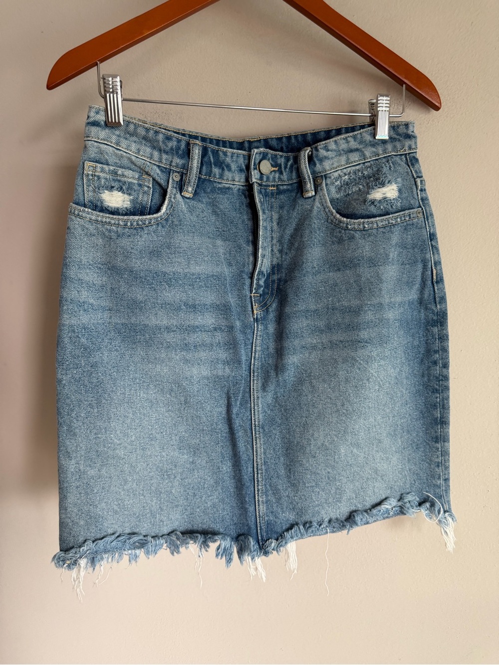 AllSaints Distressed Denim Mini Skirt Medium Wash Frayed Hem US 8 UK 12 EU 40